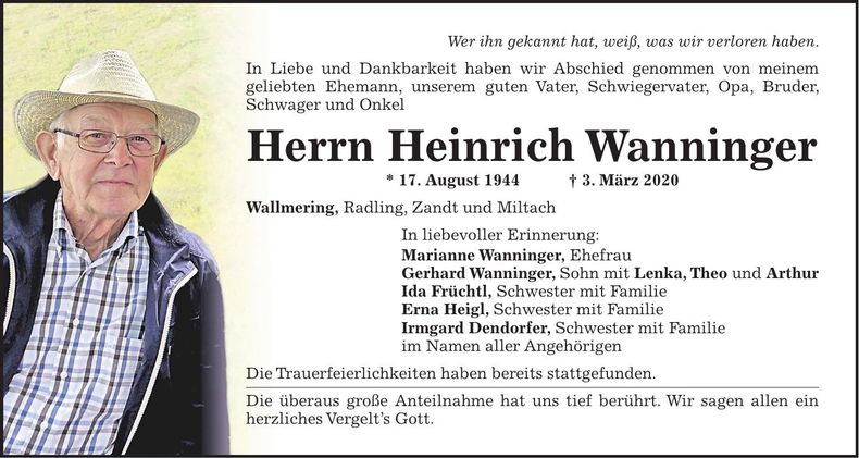 Traueranzeige Heinrich Wanninger