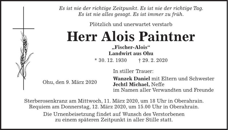 Traueranzeige Alois Paintner