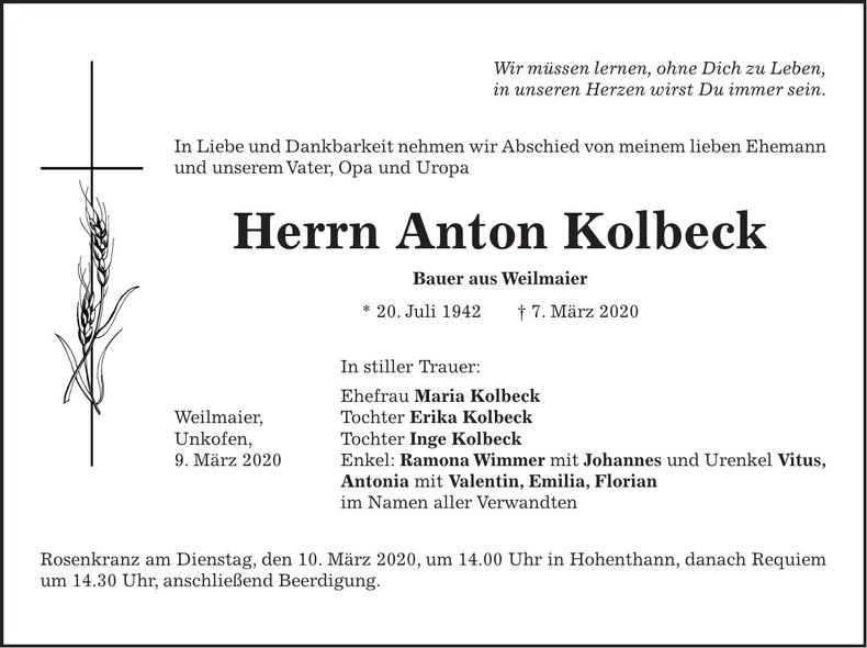Traueranzeige Anton Kolbeck