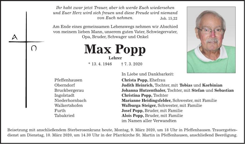 Traueranzeige Max Popp