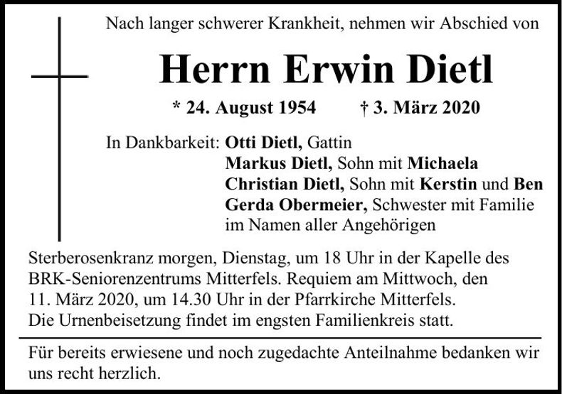 Traueranzeige Erwin Dietl