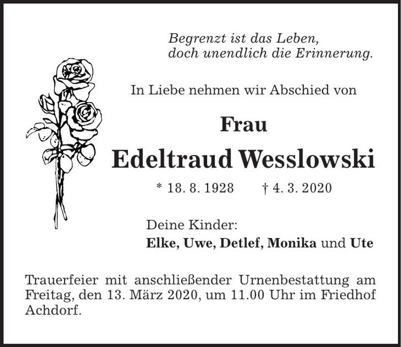 Traueranzeige Edeltraud Wesslowski