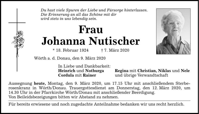 Traueranzeige Johanna Nutischer