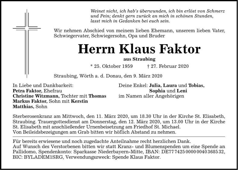 Traueranzeige Klaus Faktor