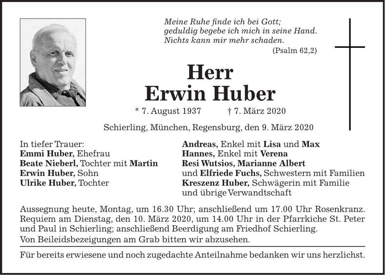 Traueranzeige Erwin Huber