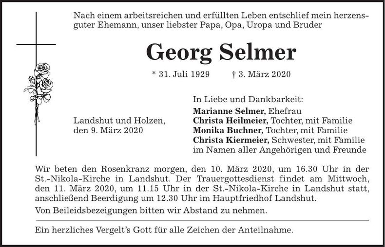 Traueranzeige Georg Selmer