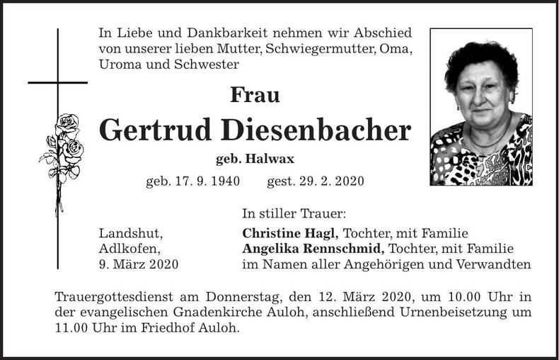 Traueranzeige Getrud Diesenbacher