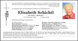 Traueranzeige Elisabeth Schichtl