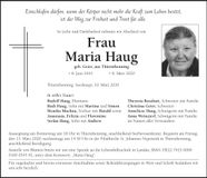 Traueranzeige Maria Haug