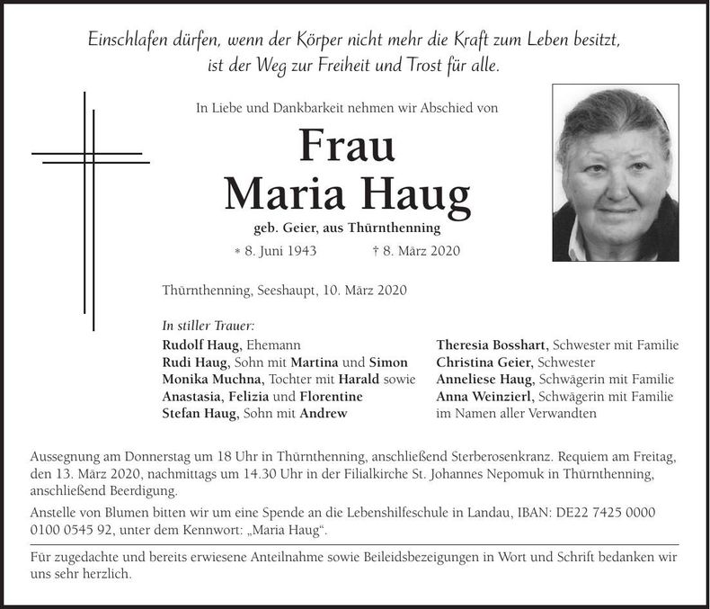 Traueranzeige Maria Haug