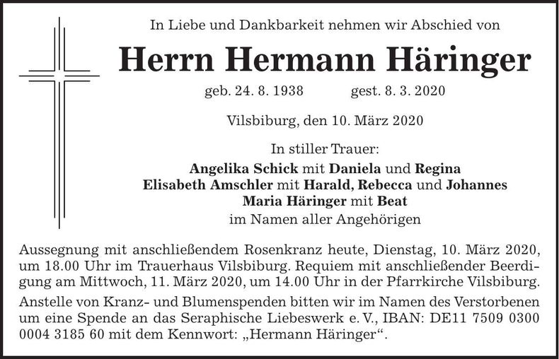 Traueranzeige Hermann Häringer