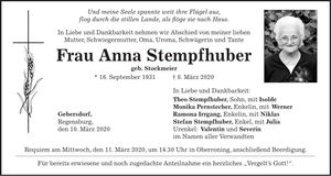 Traueranzeige Anna Stempfhuber