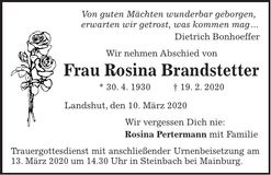Traueranzeige Rosina Brandstetter