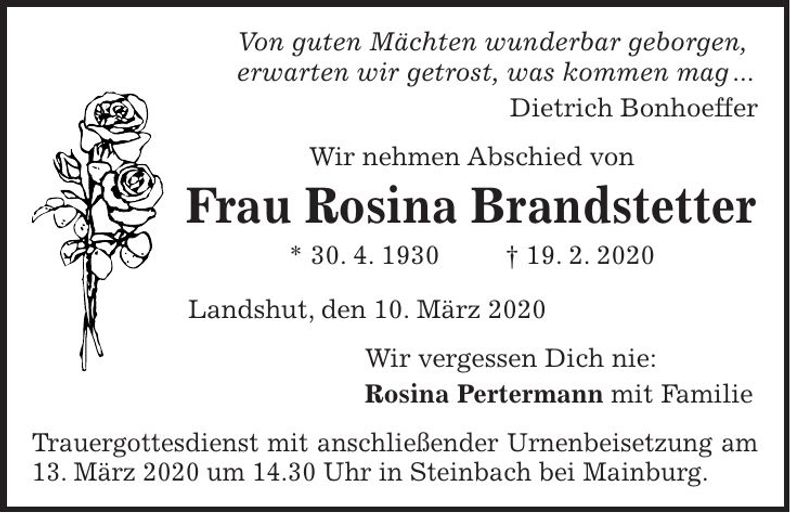 Traueranzeige Rosina Brandstetter