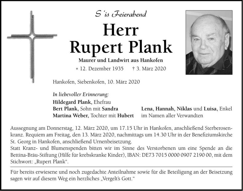 Traueranzeige Rupert Plank