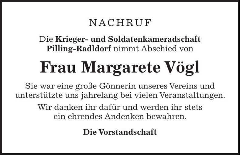 Traueranzeige Margarete Vögl