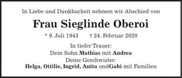 Traueranzeige Sieglinde Oberoi