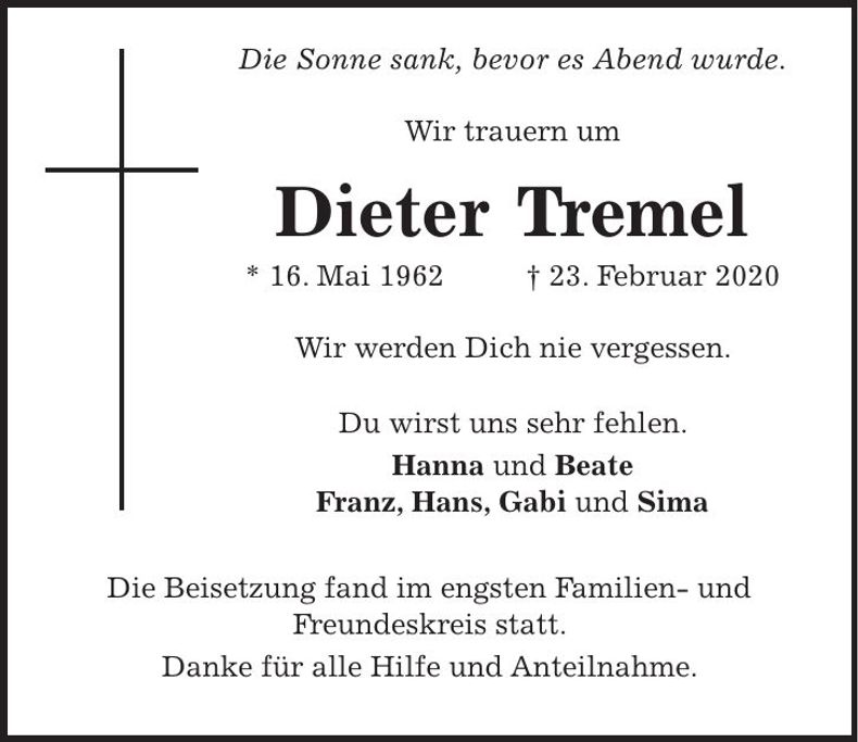 Traueranzeige Dieter Tremel