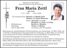 Traueranzeige Maria Zettl