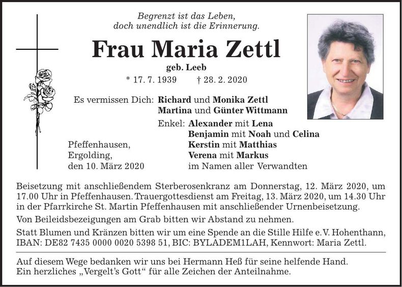 Traueranzeige Maria Zettl