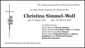 Traueranzeige Christina Simmel-Wolf