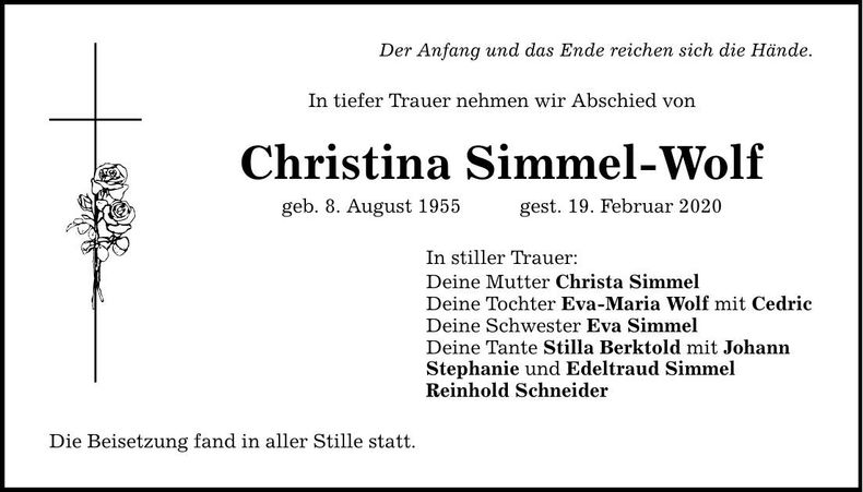 Traueranzeige Christina Simmel-Wolf