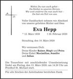 Traueranzeige Eva Hepp