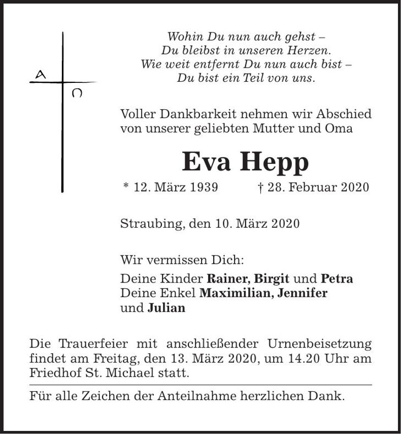 Traueranzeige Eva Hepp