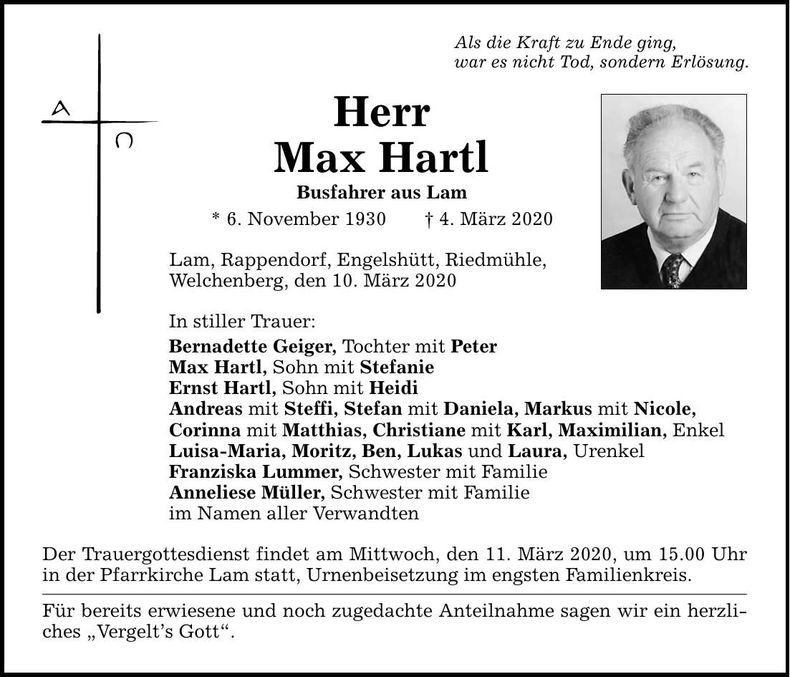Traueranzeige Max Hartl
