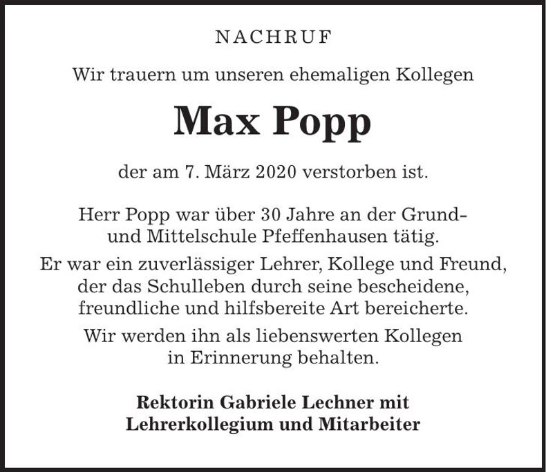 Traueranzeige Max Popp