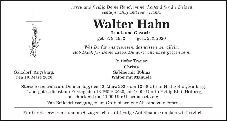 Traueranzeige Walter Hahn