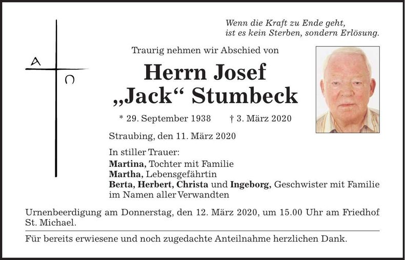 Traueranzeige Josef "Jack" Stumbeck
