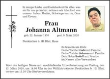 Traueranzeige Johanna Altmann