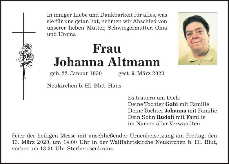Traueranzeige Johanna Altmann