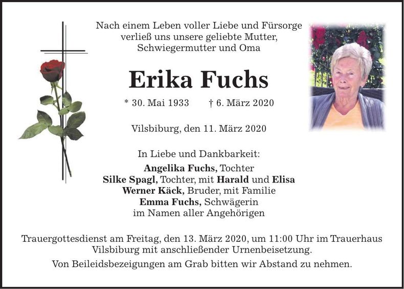Traueranzeige Erika Fuchs