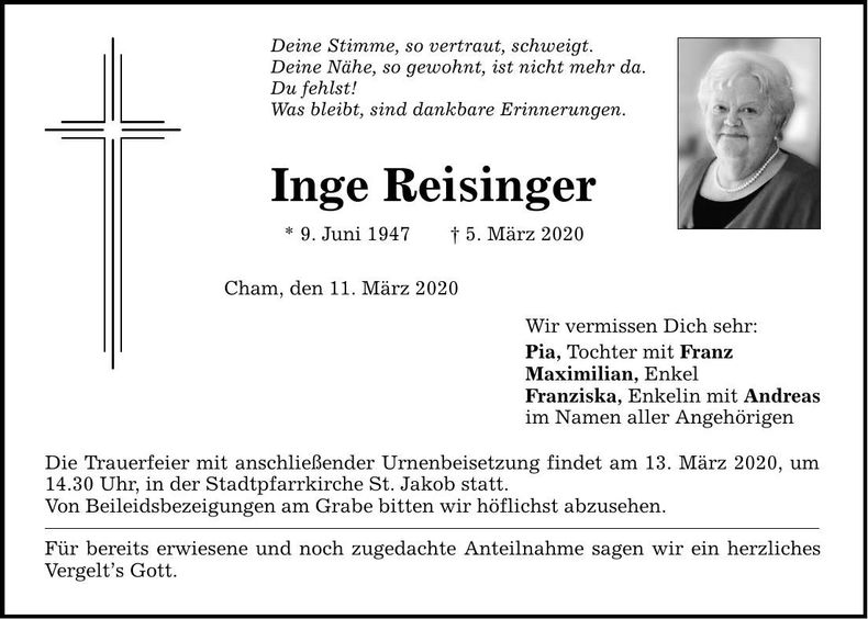 Traueranzeige Inge Reisinger