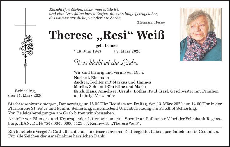 Traueranzeige Therese Weiß