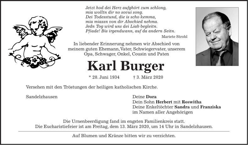 Traueranzeige Karl Burger