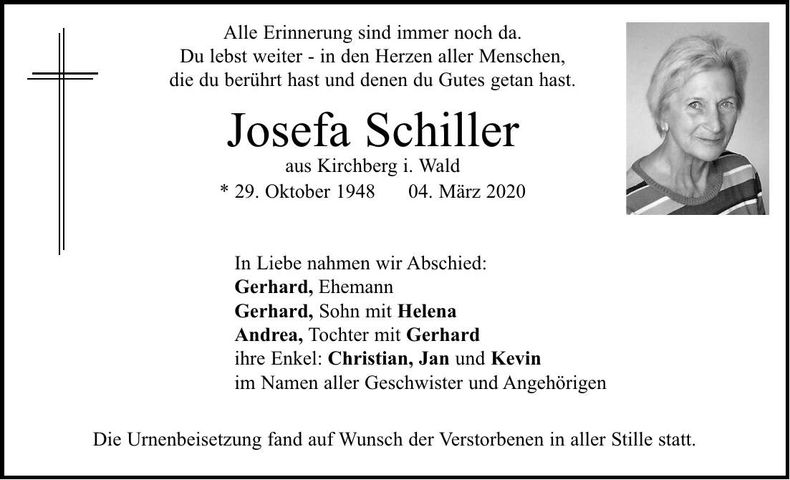Traueranzeige Josefa Schiller