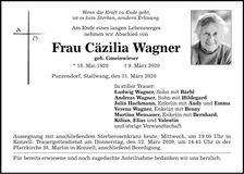 Traueranzeige Cäzilia Wagner