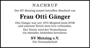 Traueranzeige Otti Gänger