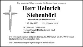 Traueranzeige Heinrich Siebenhörl