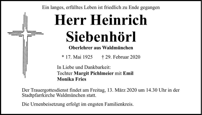 Traueranzeige Heinrich Siebenhörl