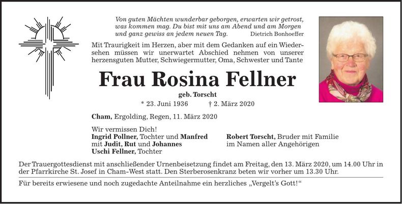 Traueranzeige Rosina Fellner
