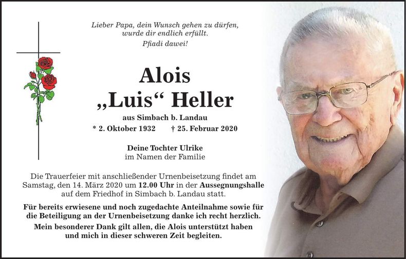 Traueranzeige Alois "Luis" Heller