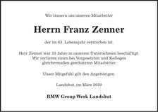 Traueranzeige Franz Zenner