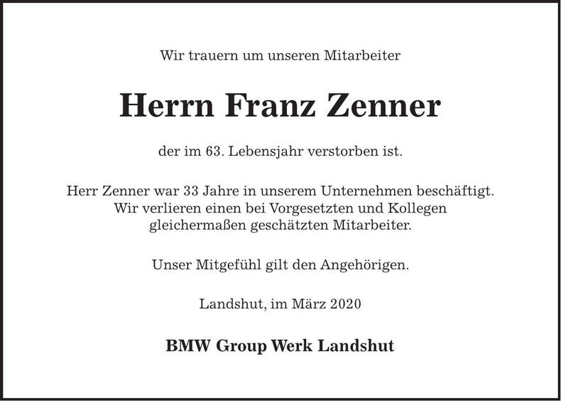 Traueranzeige Franz Zenner