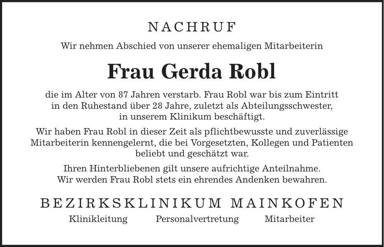 Traueranzeige Gerda Robl