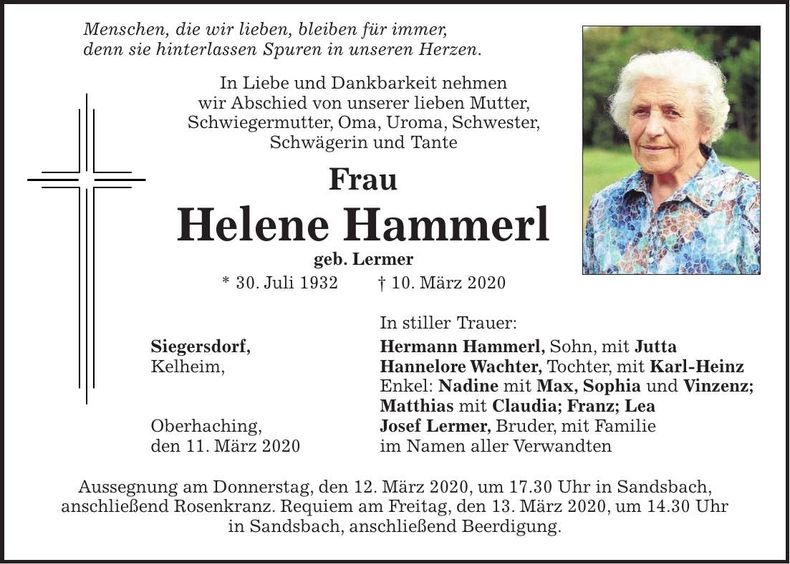 Traueranzeige Helene Hammerl