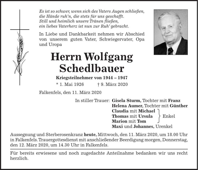 Traueranzeige Wolfgang Schedlbauer